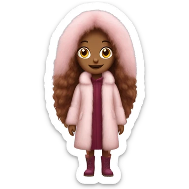 Burgundy long haired girl wearing Pale pink full length fur coat sticker