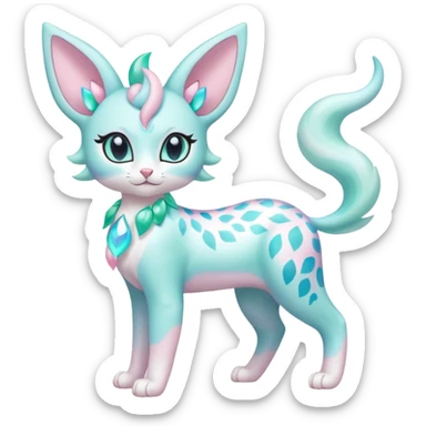 Pastel Mint-Aqua Soft-Iridescent Gentle Floral-Patterned Feline Sylveon-Liepard-hybrid-creature (full body) sticker