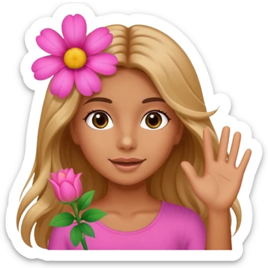 A tanned girl's face waved long hair with pink flower sticker