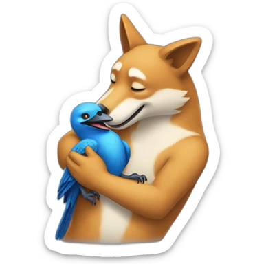 Anthropomorphic dingo giving an anthropomorphic blue bird a hug sticker