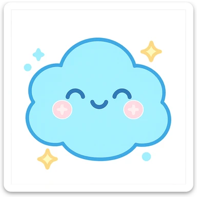 chibi cloud character, extra round and puffy, smiling with closed eyes, pastel sky blue, sparkles, gentle lighting, kawaii vector sticker sticker