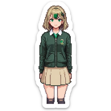 girl in a school uniform wearing a green polo, beige skirt, grey zipper jacket sticker