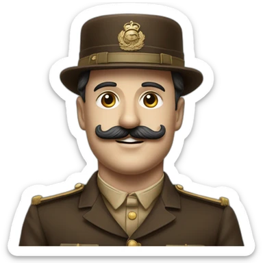 Charlie chaplin with military brown costum and very little mustach squarree, and without helemet sticker