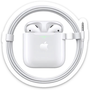 Just white wired Apple EarPods coiled in a circle, no case whatsoever, only the earbuds with the cord wrapped into a neat circle, minimalist iOS style, showing the earbuds and wire only sticker