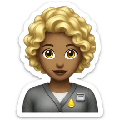 Preatty young lady with blond and curly hair working with in nuclear field sticker