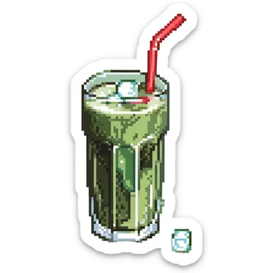 Glass of sugarcane juice with ice cubes, pale green liquid, and a straw sticker