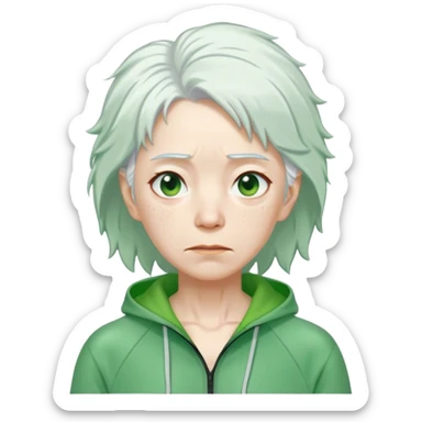 Hong is an old woman, around 50 years old,  Her white hair tie. green tracksuit. She is unkempt and damp with sweat. sticker