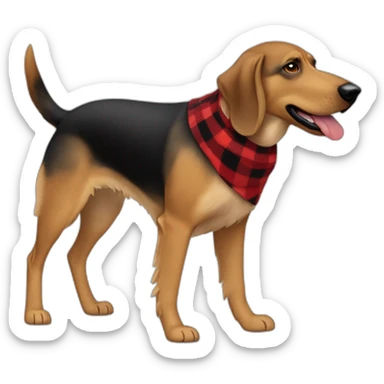 adult 75% Coonhound 25% German Shepherd mix dog with visible tail wearing small pointed red buffalo plaid bandana full body walking left quickly sticker