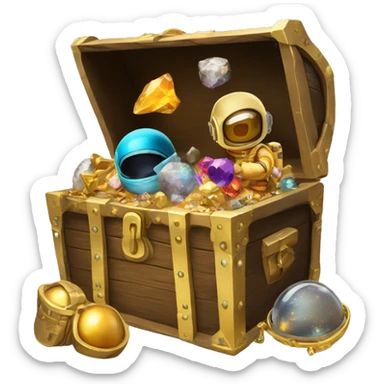 Open Treasure chest with astronaut helmets, gold,gems and some space themed items inside sticker