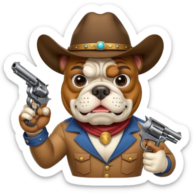 A bulldog wearing a cowboy hat, wearing a mask, pointing a revolver at you and telling you to hand over your money. sticker
