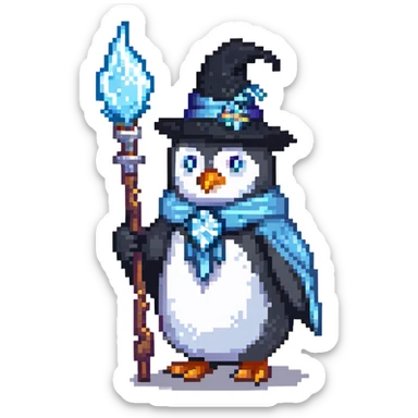 penguin wizard with ice staff casting frost sticker