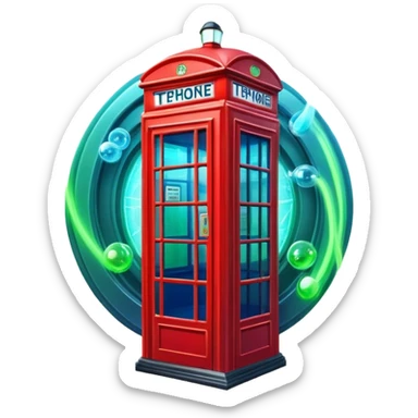 A red phone booth transformed into a time machine with glowing elements sticker