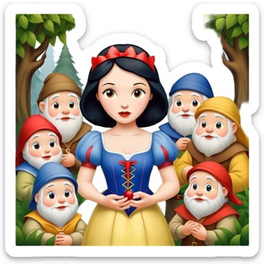 Snow White standing gracefully in a lush forest, surrounded by the Seven Dwarfs sticker