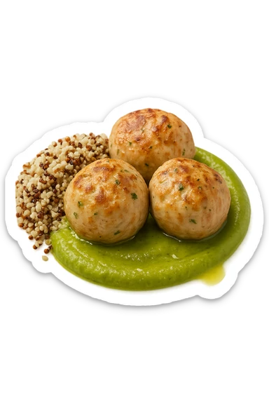 polpette di tacchino, purè di zucchine, quinoa e olio di oliva, iperrealistico 4k sticker