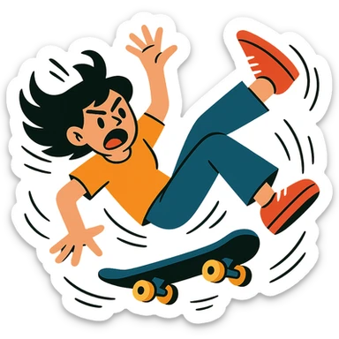 black-haired girl tumbling off a skateboard, dramatic motion, comic style, exaggerated movement sticker