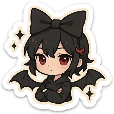 devil bow, chibi style, matte black, sharp edges, small red horn charm, modern dark aesthetic, bat wings, sparkles sticker