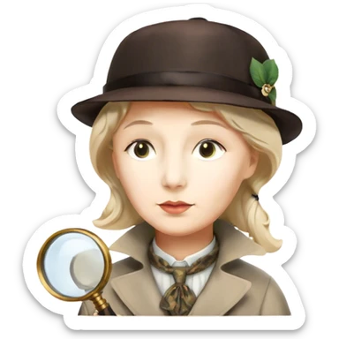 A vibrant, colorful collage featuring iconic characters like Sherlock Holmes with his magnifying glass, Miss Marple with a calm expression, and Pinkerton. The design should evoke mystery and intrigue, with elements like clues, shadows, and old-fashioned detective tools. Transparent background. sticker