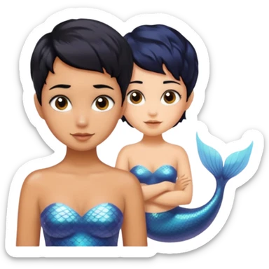 tanned skin, black haired, sibling mermaids, one with short hair and the other with pixie cut  sticker