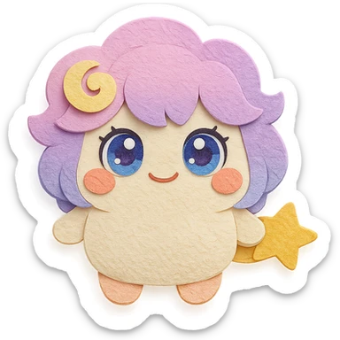 Stella Puff (星星噗噗) in super cute, soft, and adorable paper craft style, front view, acting cute and coquettish, big sparkling glassy blue-violet eyes, puffy pastel pink-purple gradient hair with a yellow star swirl, creamy white round body, coral pink blush, short arms and legs, soft golden star tail, clean lines sticker