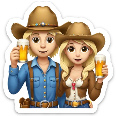 Farmer monkey holding a beer standing next to a blonde girl in cowgirl hat sticker