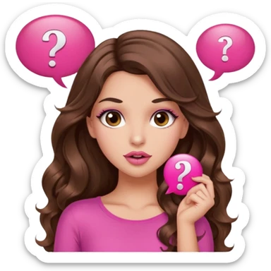 girl with long wavy brown hair, brown eyes, long lashes makeup, sexy pink lips, light to medium complexion, wearing a pink sexy top, shugging, question mark one speech bubble sticker