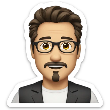 Man with black round frame glasses with Tony Stark hair style wearing white shirt with no moustache and beard sticker