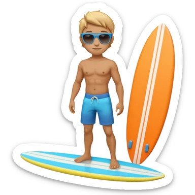 cute male surfer riding a wave, wearing shorts, sunglasses, holding balance, colorful surfboard, 3D cartoon, mobile game icon, clean background, no text sticker