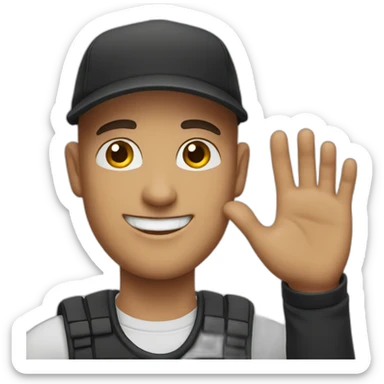 A bald guy with black cap smiling kindly and waving with the left hand sticker