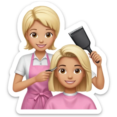 smiling woman in pink apron getting a haircut from a smiling female hairstylist sticker