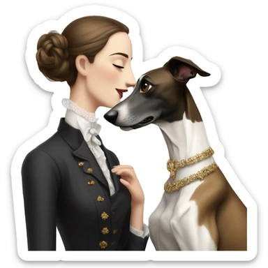 Two aristocrat dog black and white galgo kiss with women with brown hair  sticker