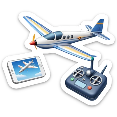 An icon featuring a remote-controlled model airplane soaring through the sky, with a detailed transmitter in the foreground. The sky is clear with motion lines showing flight. Transparent background emphasizes the precision, creativity, and joy of aeromodelling as a sport. sticker