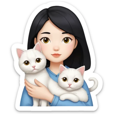 Short black hair Chinese girl holding two white longhair cat sticker