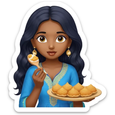 a pretty indian bratz girl with wavy long black hair. eyeliner on, wearing a blue kurti, eating golgappa (without spoon) sticker
