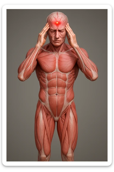 Full figure, hyperrealistic 4K medical illustration, exactly matching the style, pose, and composition of the reference: anatomical human body holding fingers on temples, contracted forehead, red spot on the forehead, expression of pain, clear background, extremely detailed, same lighting and style as reference. sticker
