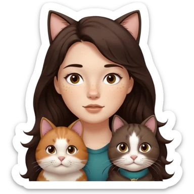 Uzun koyu kahverengi dalgalı saçlı, çenesinde beni olan ve yüzünde biraz çiller olan, iri koyu kahverengi bol kirpikli gözlü sevimli bir yüzü katlı kesim bir saçı olan kadın yap yanına da kilolu tamamen kahverengi bir kedi yap sticker