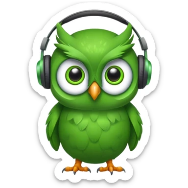 green pea wearing headphones in the style of the duolingo owl mascot with big eyes sticker