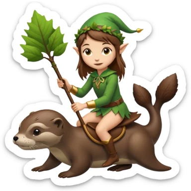 tiny forest elf girl brown straight hair with riding an otter sticker