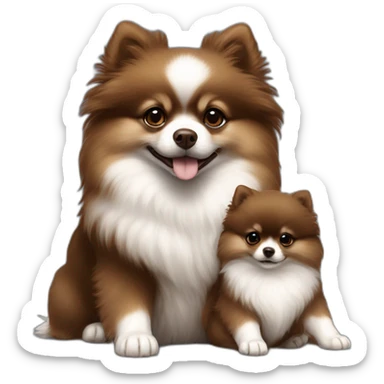 4 dark brown pomeranian puppies nursing from white pomeranian mother dog sticker