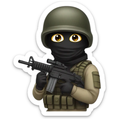 A soldier with a machine gun and wearing a black mask sticker