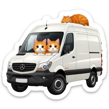 White Mercedes Benz Sprinter with Orange cats driving it sticker