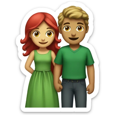 Crete an emoji a couple (boy with green dress, girl with red dress) hugging each other. Boy green dress, girl red dress  sticker
