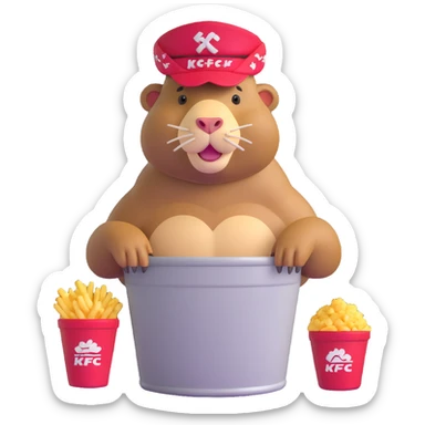 Muscular capybara with Johnny Depp features, goatee, bandana, earrings, sitting in a KFC bucket sticker