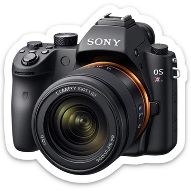 Minimal camera with 'Sony' text on the body, simple DSLR shape with small lens and Sony logo clearly visible sticker