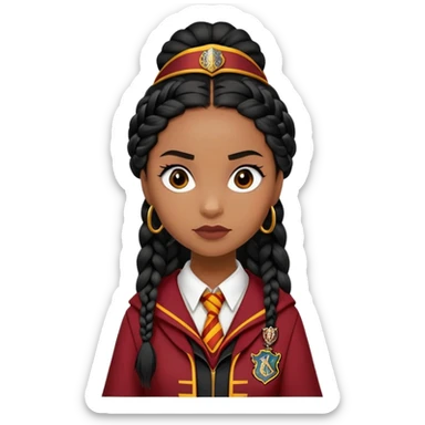 Angelina Johnson in harry potter, wear hogwarts gryfindor uniform,  thick, black hair worn in braids, reflecting her bold, stylish, and strong personality sticker