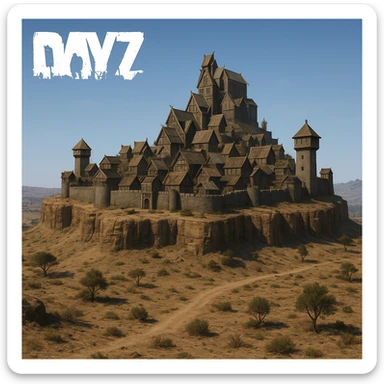 A small hilltop mesa city in the videogame dayz, screensot, based on whiterun sticker