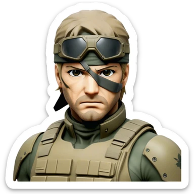 Cinematic Realistic Metal Gear Solid Snake Soldier Portrait, head tilted epicly and inquisitively, showcasing a commanding presence and tactical acumen. His weathered face, intense eyes, and meticulously rendered combat gear in muted earth tones are brought to life with lifelike clarity and dramatic lighting, high shine, epic and awe-inspiring, embodying the covert prowess of a true warrior of the shadows. sticker