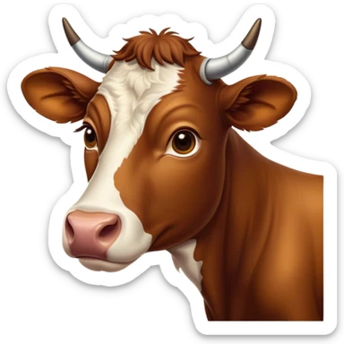 Cinematic Noble Brown Cow Portrait Emoji, Poised and regal, with a large, sturdy build and a smooth, well-groomed deep brown hide, deep-set soulful brown eyes, Simplified yet sharp and sophisticated features, highly detailed, glowing with a soft, dignified glow, high shine, intelligent and calm, stylized with an air of pastoral majesty, focused and attentive, soft glowing outline, capturing the essence of a watchful and confident bovine guardian, so majestic it feels as though it could amble out of the screen with effortless authority! sticker