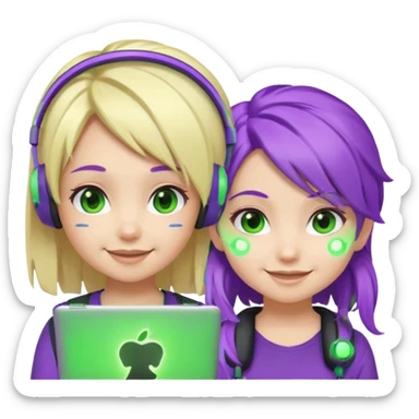 Make a blonde girl with green glowing headset on and a purple haired girl haveing fun , make them a chibi emoji page sticker