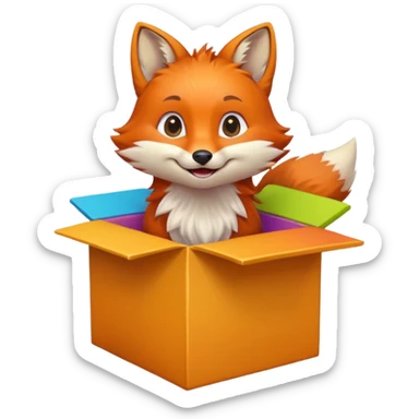 smiling fox peeking out of a colorful box, looking up, emoji style sticker