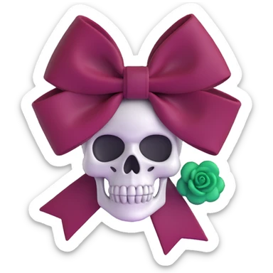3D emoji gothic bow, deep garnet velvet, silver skull charm, black rose center, rich and gothic sticker